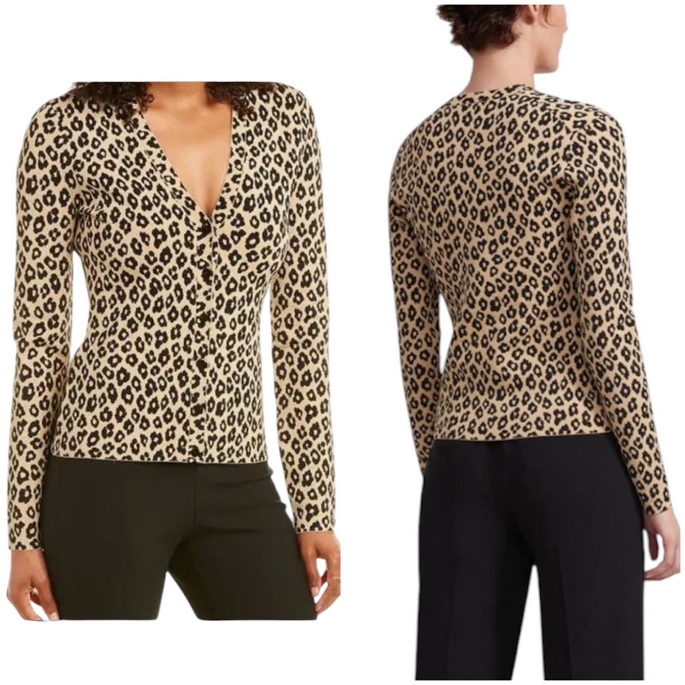 Theory Black Tan Glossed Leopard Print V-Neck Cardigan Sweater Small